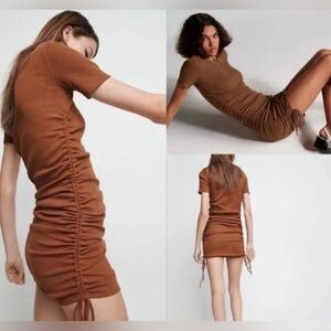 ZARA NWT Brown Side Ruched Bodycon Mini Dress Short Sleeve Crewneck